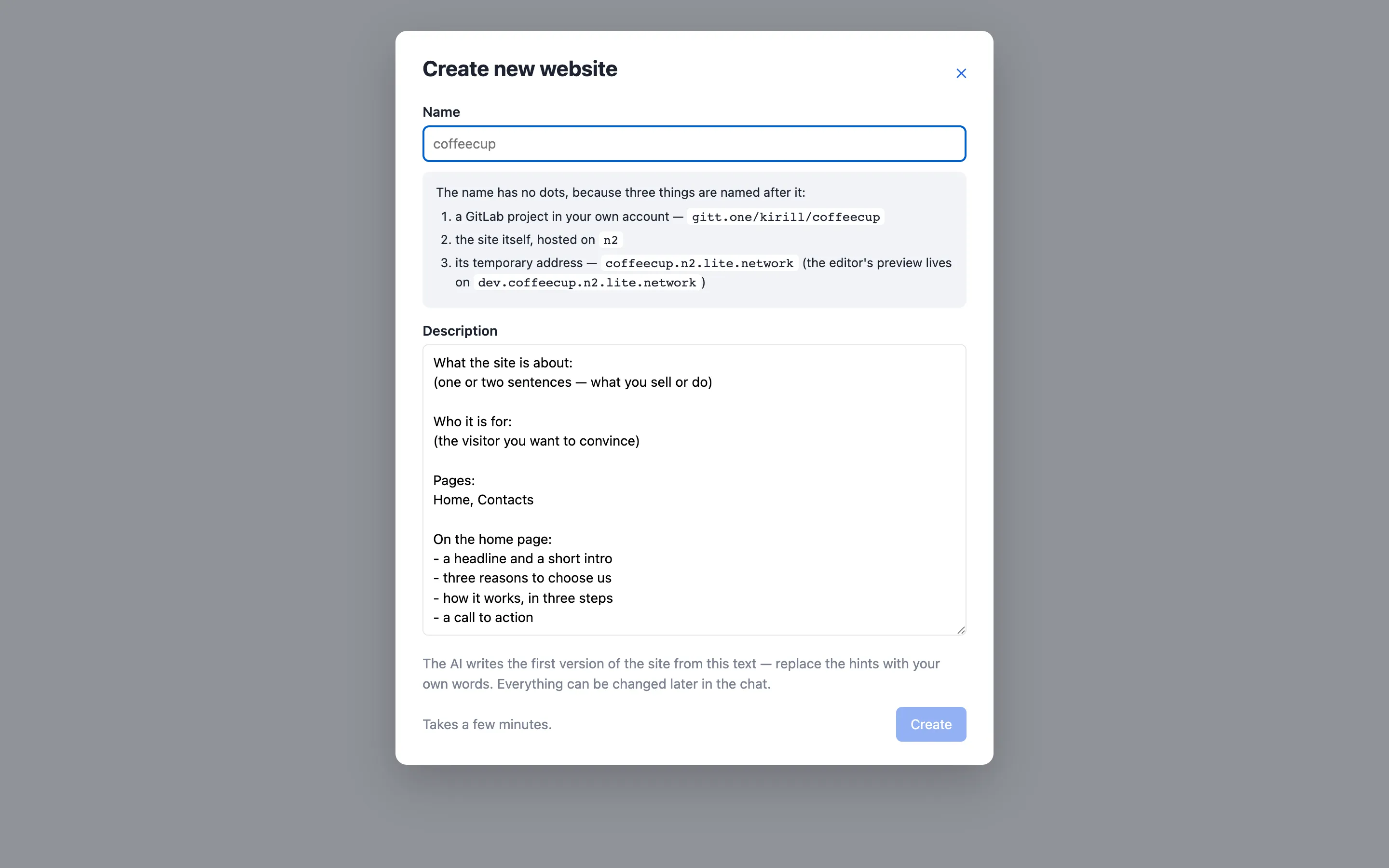 The Create new website dialog of the site editor